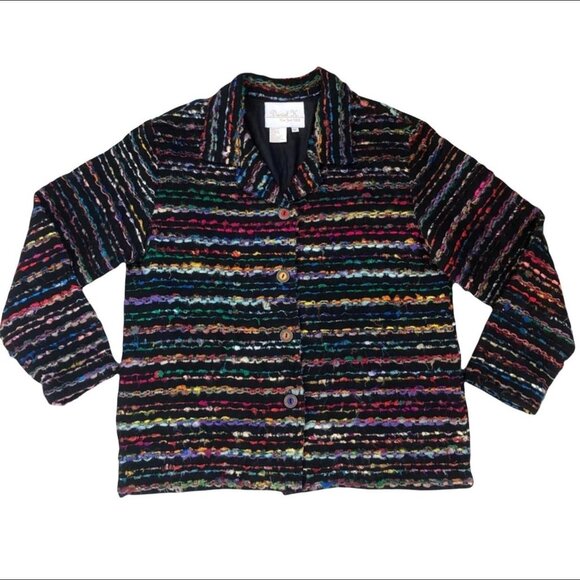 Vintage Jackets & Blazers - ✨ Vintage Daniel K Black Funky Boho Jacket Multicolor Striped Button Up Sz M
